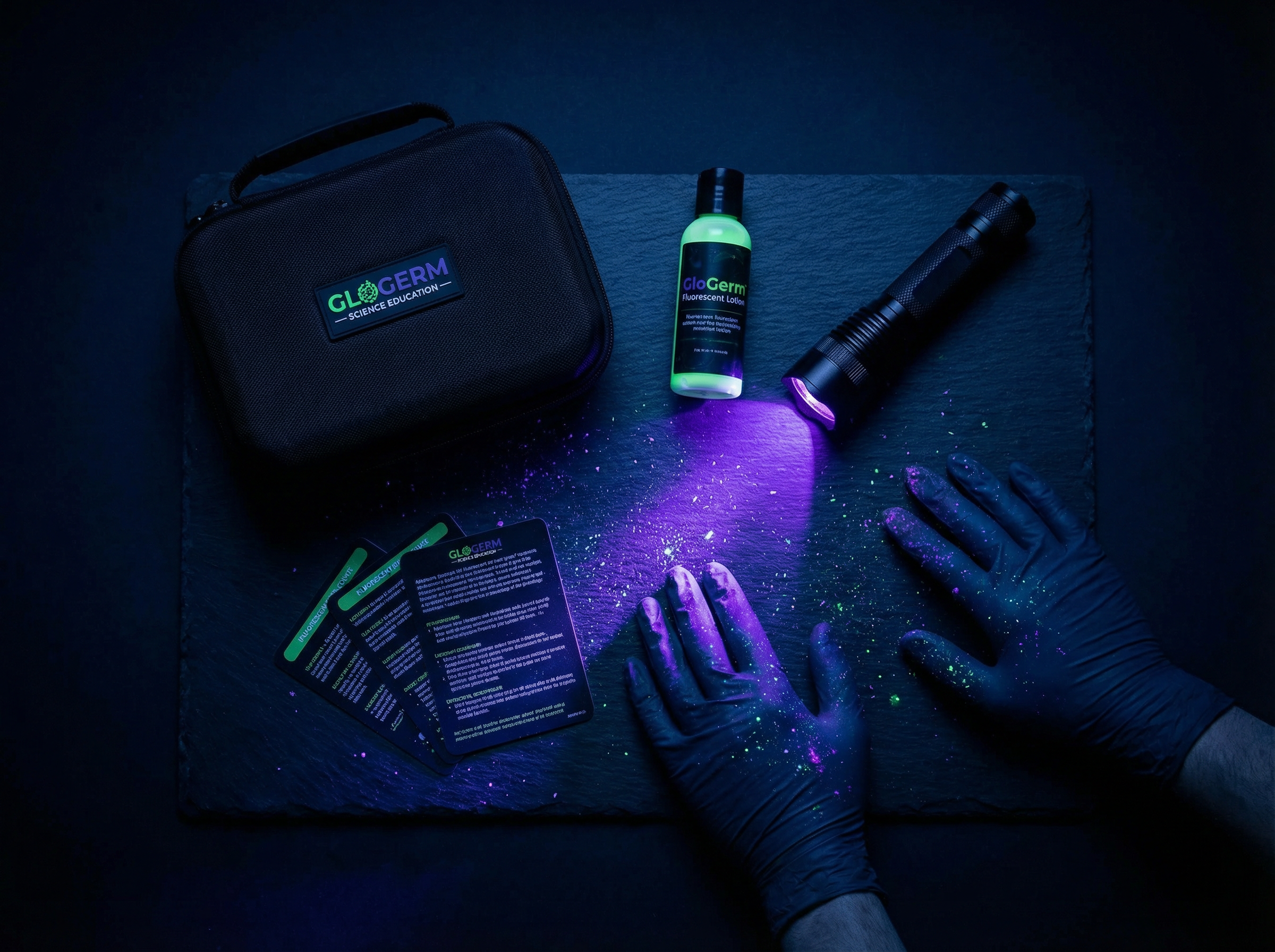 GloGerm kit with UV flashlight and training materials laid out on dark surface