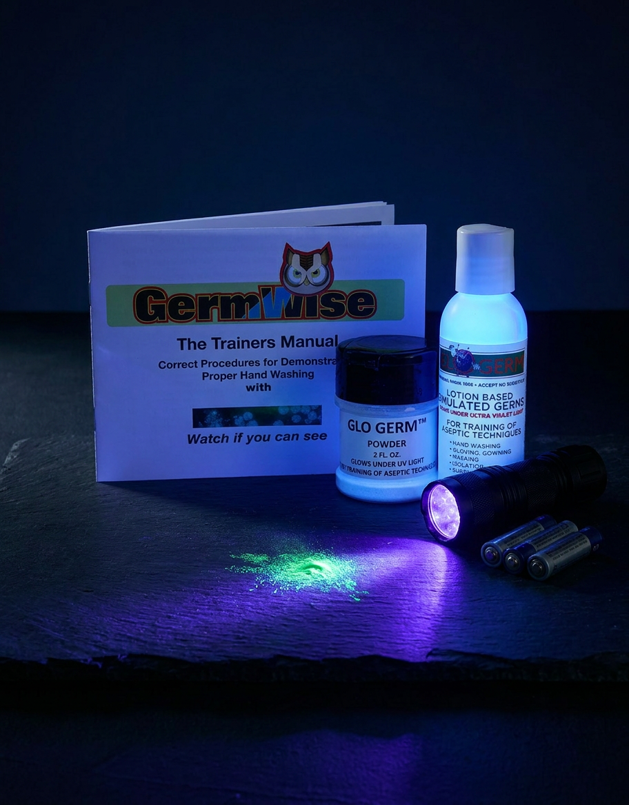 GloGerm Premium Mini Kit — UV flashlight, 2oz gel, 1.2oz powder, trainer's manual and activity sheets