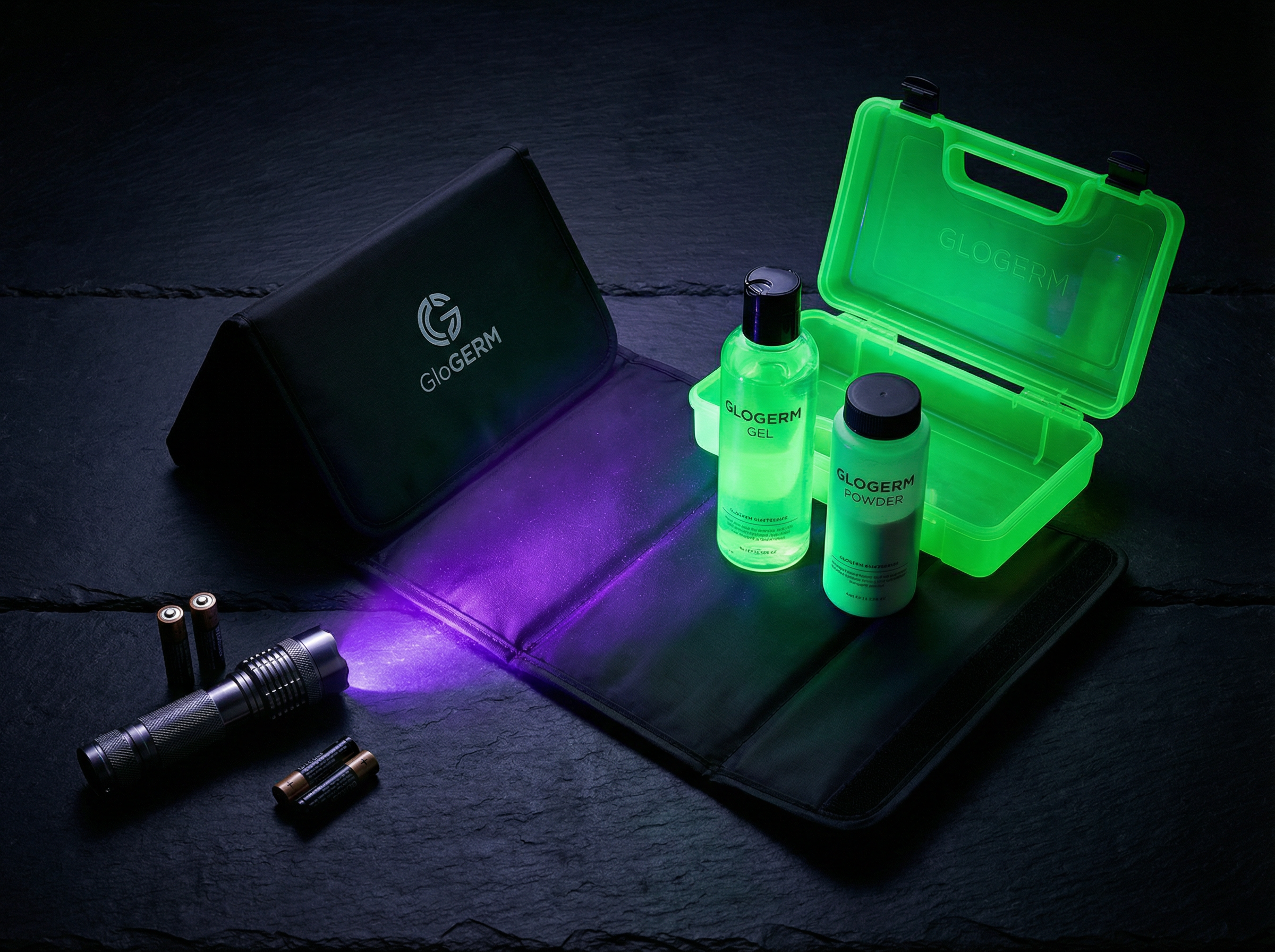 GloGerm Glo Box Kit unfolded with glowing green gel and carry case under UV light