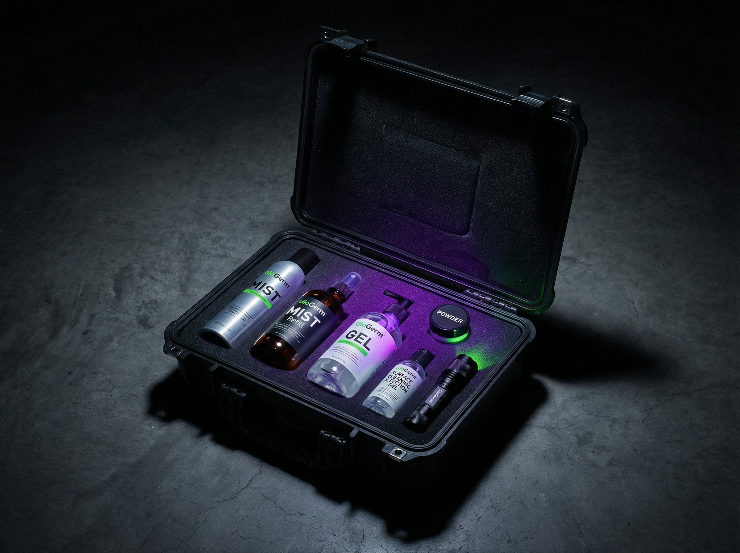 GloGerm HAZMAT Kit — open hard-shell case with all contents under UV light