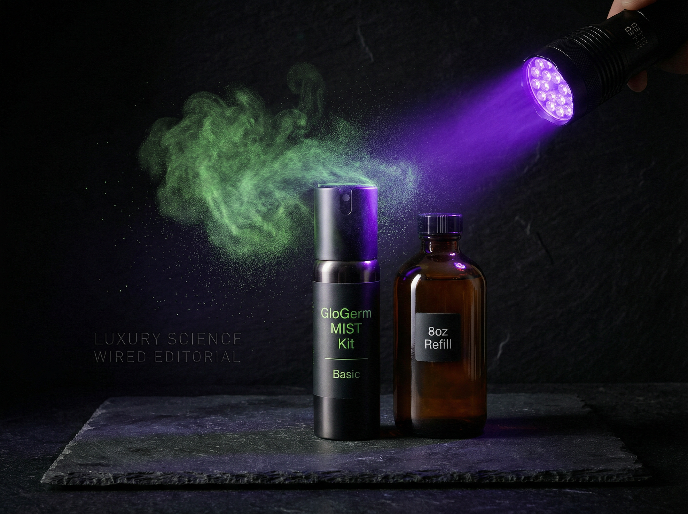 GloGerm MIST Kit Basic with UV flashlight and fluorescent mist cloud